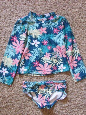 Carters 4T 4A Green Tropical 2 Pc Rash Guard Top & Bikini Bottom Swimsuit